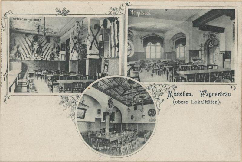 Drei Innenansichten der oberen Lokalitäten im Wagner-Haus: a) Veteranenzimmer; b) Hauptsaal; c) Kneippzimmer; 1905