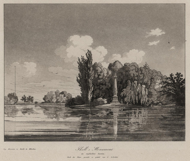 Carl August Lebschée, „Sckell’s Monument im englischen Garten“, Aquatinta, 1831
