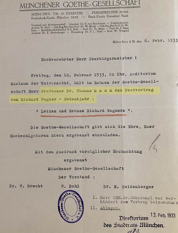 Münchner Wagner-Vortrag von Thomas Mann - Einladung an Oberbürgermeister Scharnagl