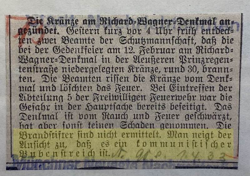 Zeitungsbericht vom 01.04.1933 über Brandstiftung am Wagner-Denkmal
