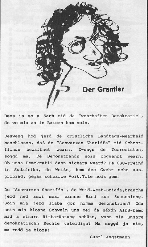 Auszug aus der Kolumne "Der Grantler" von Gustl Angstmann, 1987