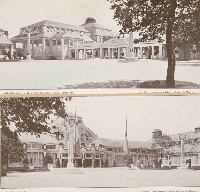 Ansicht der Ausstellungsgebäude an der Theresienwiese, 1908. Verbindungsgang zwischen Ausstellungshalle III. und dem Theater-Café (oben) und Halle I (unten)
