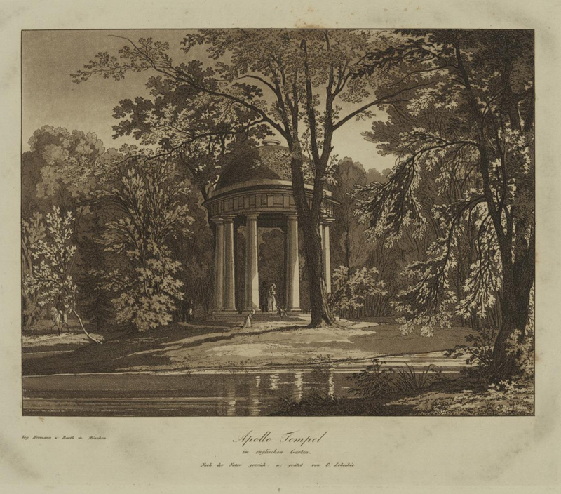 Carl August Lebschée, „Apollo Tempel im englischen Garten“, Aquatinta, 1831