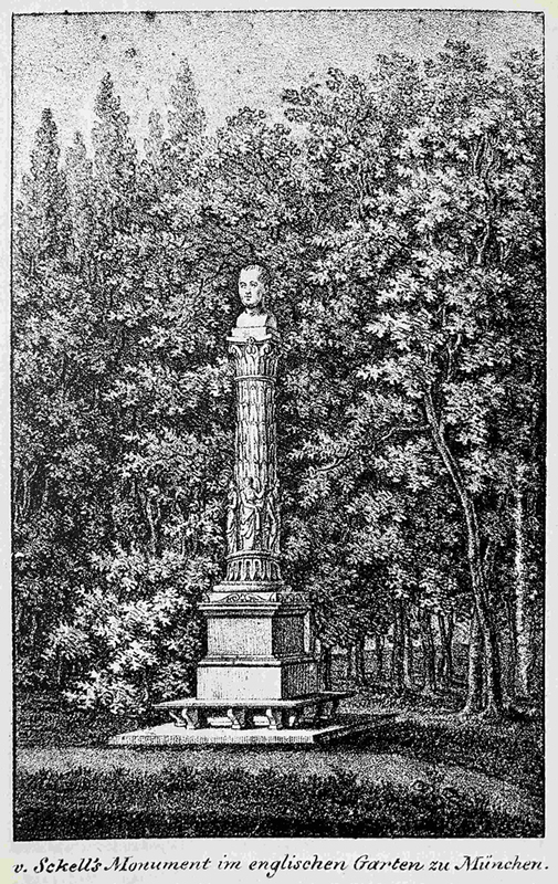 Das Sckell-Denkmal im Englischen Garten in München nach Leo von Klenzes erstem Entwurf von 1823, Lithografie