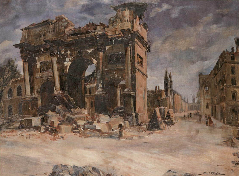 "Das zerstörte Siegestor", Gemälde von Albert Fessler, 1945